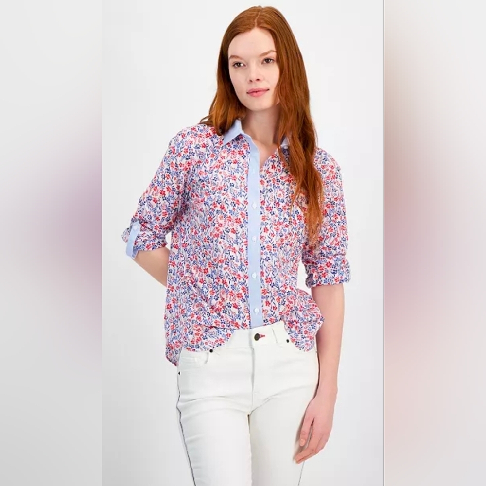 Nwt Tommy Hilfiger Floral Roll Tab Top Size Large